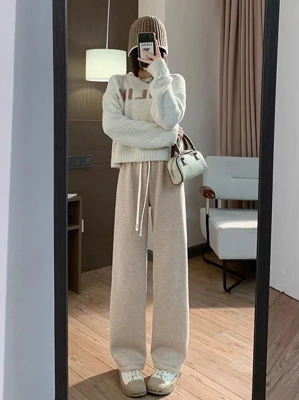 ワイドレッグパンツ イレギュラー レディース 秋 ダブルデッキ レギュラーフィット グランジ コーデュロイ裏地 チェック柄 ニット バンド付き チェック柄 レディース ジャカード