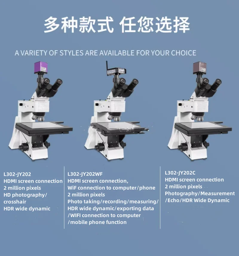 Three eye metallographic microscope connected to display screen, electronic industrial photography, measurement and detection