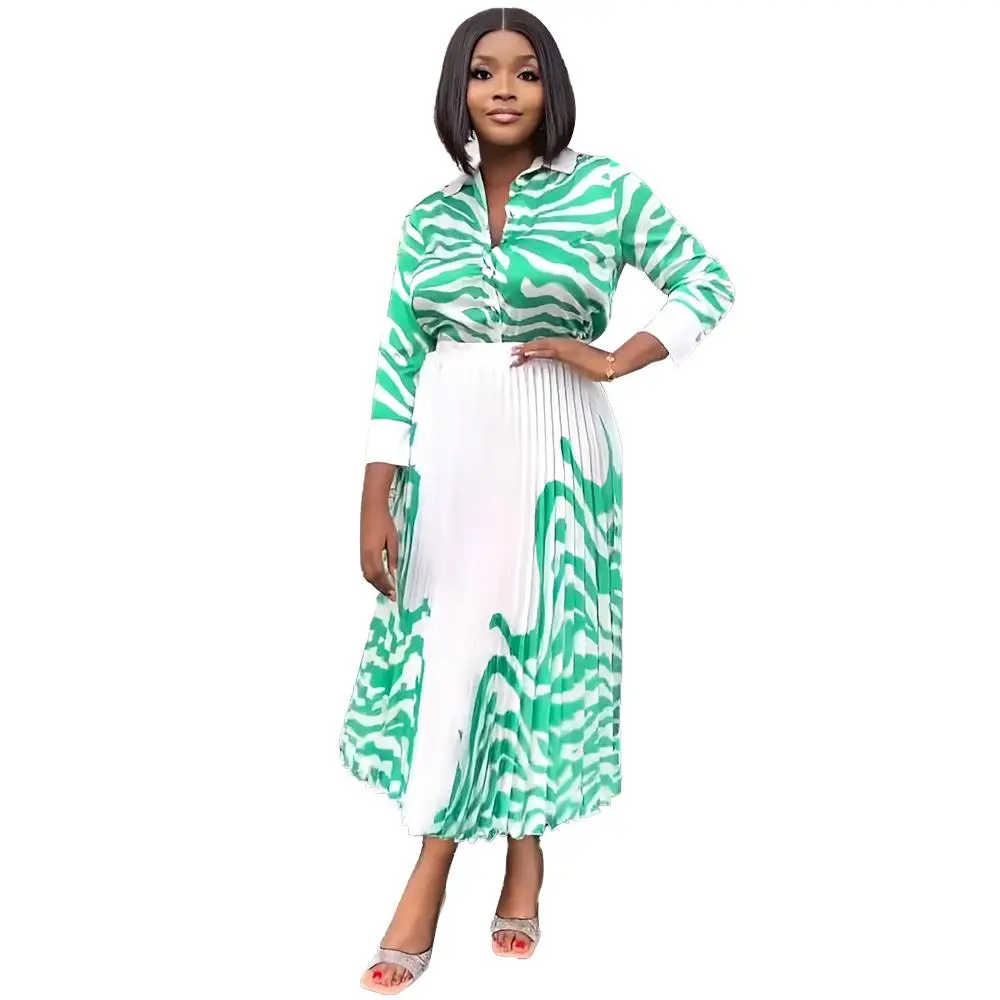 Zebra Print Long Sve irt Casual Pleated  Dr Spring Summer Two Piece Set Women's Ele Sle Polyester Fiber