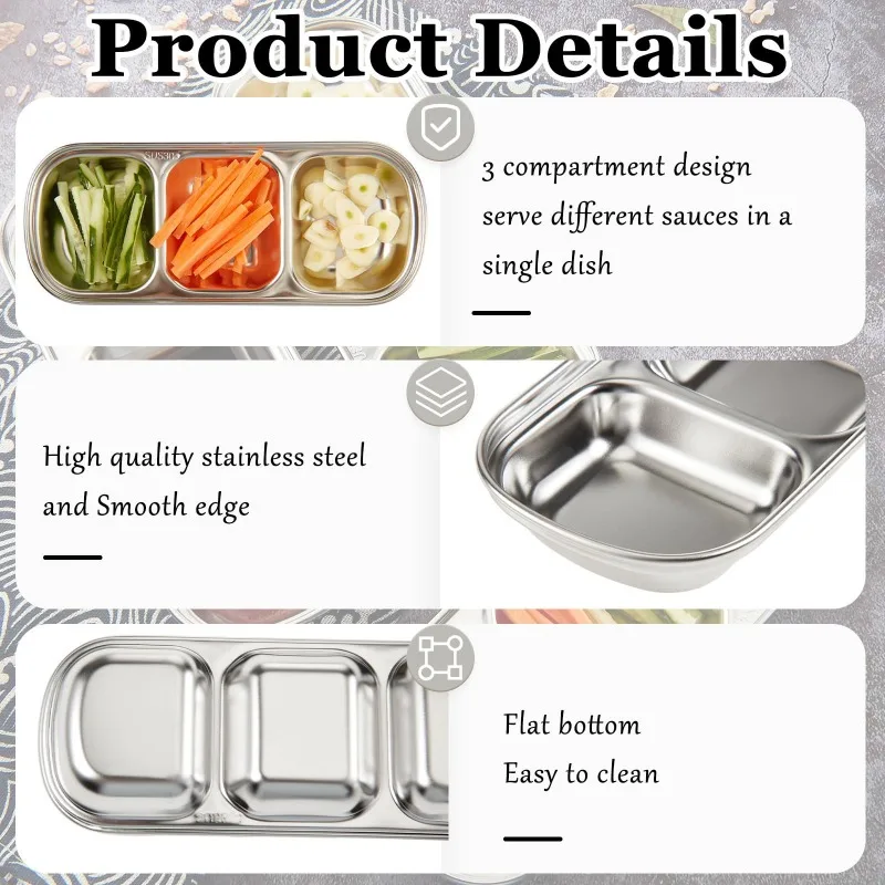 Soy Sauce Dish Stainless Steel Divided Dip Bowls Korean 2/3 Compartment Seasoning Condiment Tray for BBQ Vinegar Spice Salt