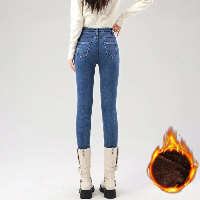 Frauen Fleece Warme Winter Jeans Verdicken Elastische Dünne Bleistift Hosen Mode Koreanische Dünne Plüsch Thermo Leggings Hosen – Detail 8