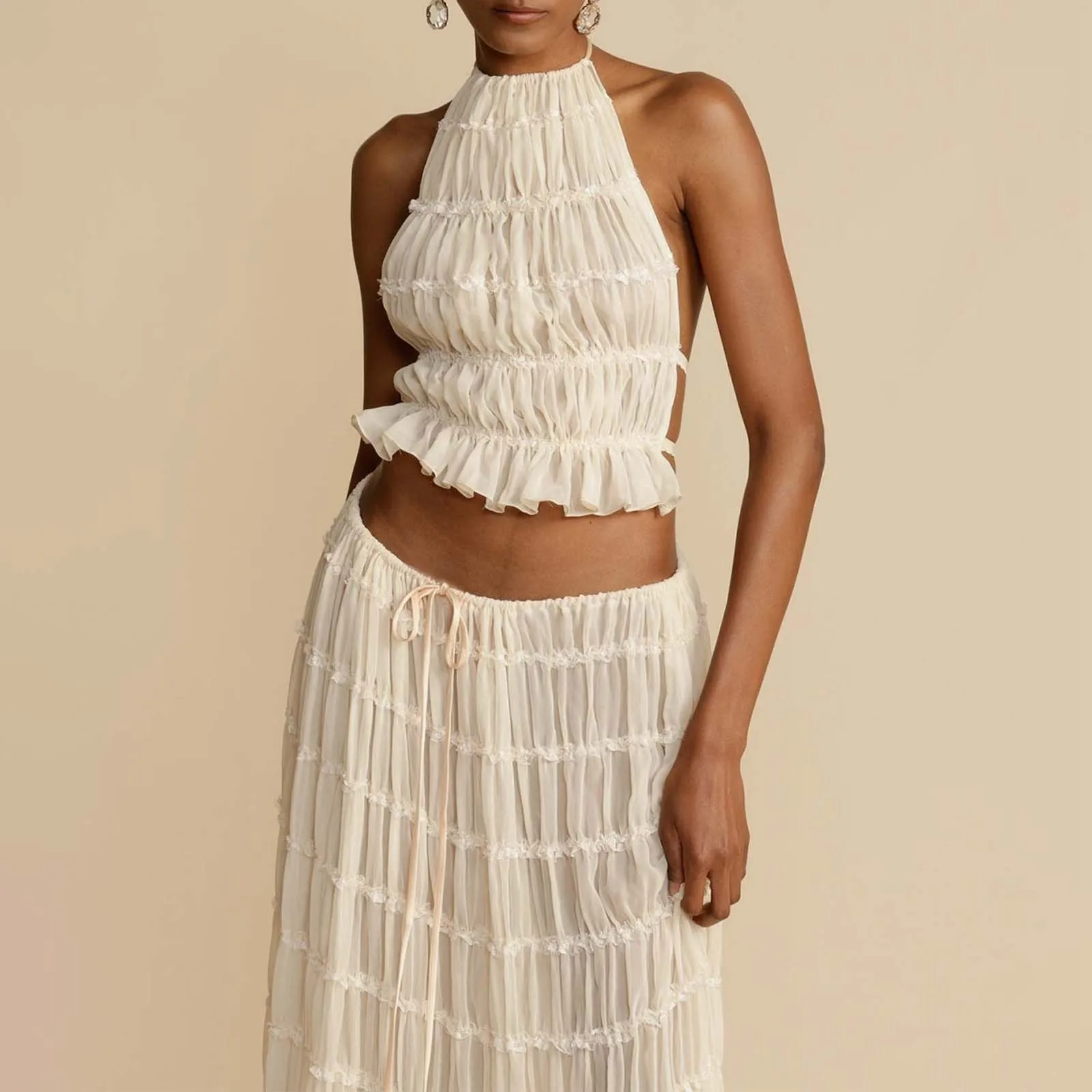 Pleated Crop Tops Long Skirt Suit Women Halter Sleeveless Backless Skirts Set 2024 Summer Ladies Sexy 2 Piece Set Beach Outfit