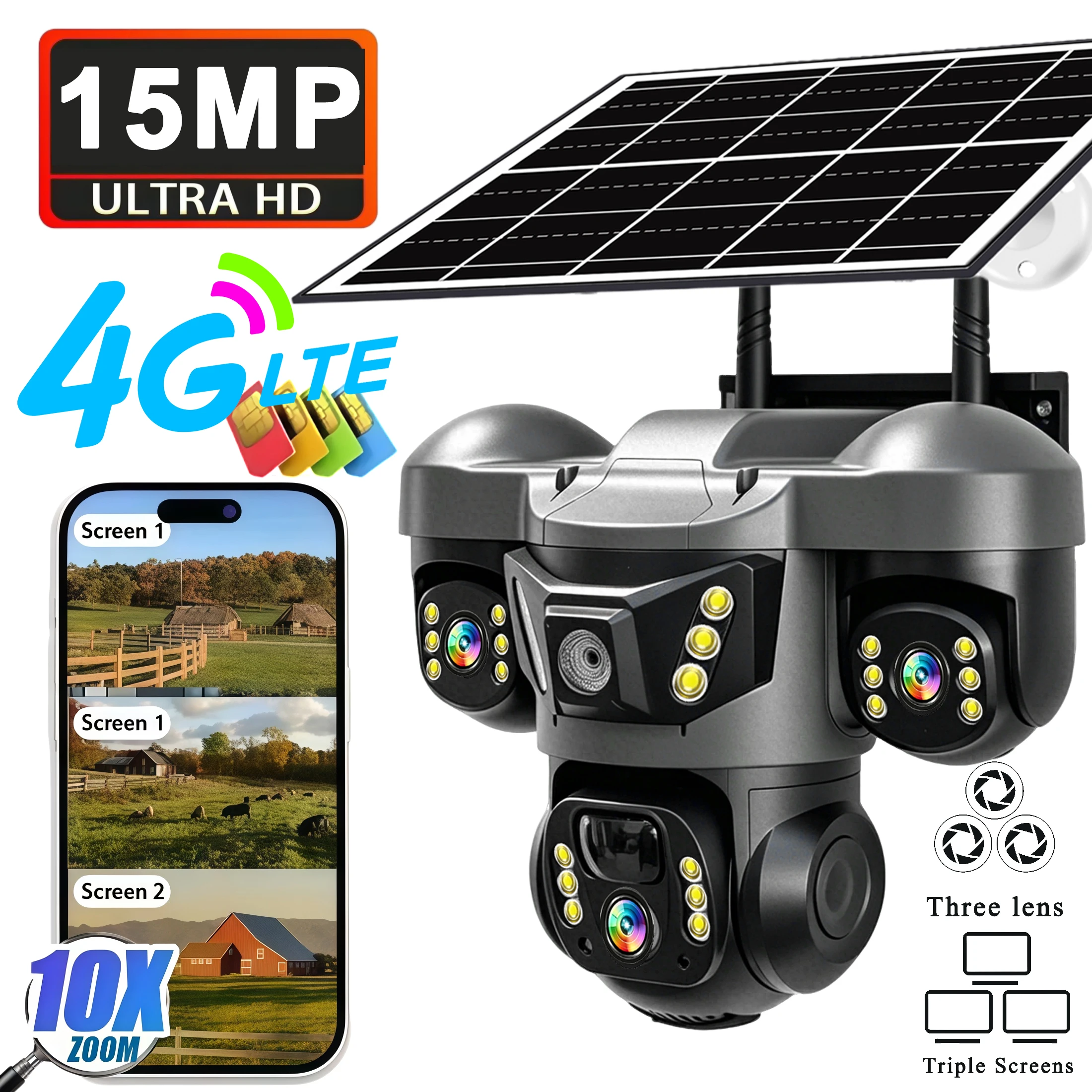 Caméra solaire V380 Pro 4G SIM à trois objectifs 15MP, détection humaine PIR, caméra de sécurité CCTV PTZ IP, caméra agricole étanche, vision nocturne, détection de mouvement, alimentation par batterie rechargeable, caméra de surveillance 4G, suivi humain IA, alerte par e-mail, lecture vidéo