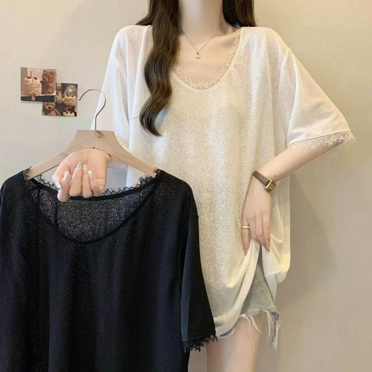 Summer New Style Thin Lace V-Neck Short Sleeve T-Shirt Women's Loose Fit plus Size Casual Fashion Top Breathable Casual Wear