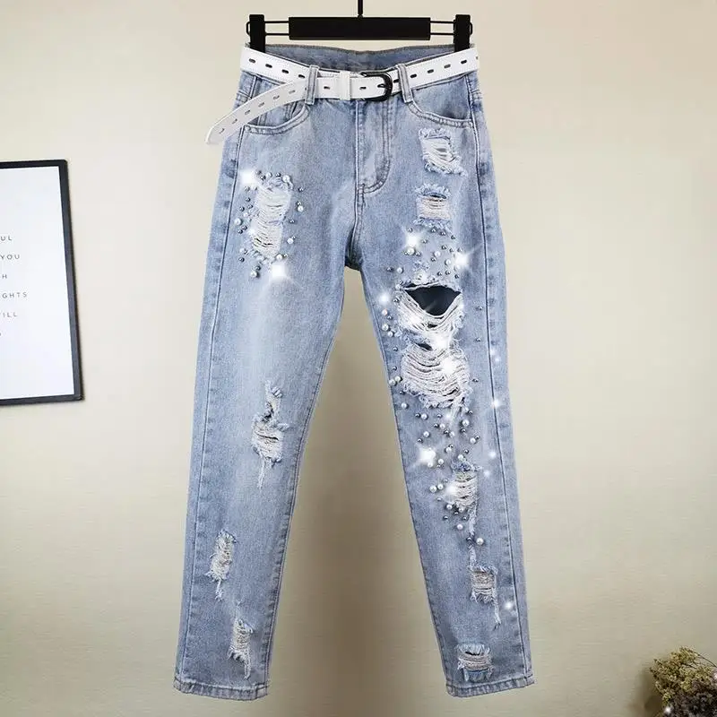 

Women Hole Jeans 2024 Spring Summer New Loose High Waist Denim Pants Heavy Beading Straight Nine Points Harem Cowboy Trousers