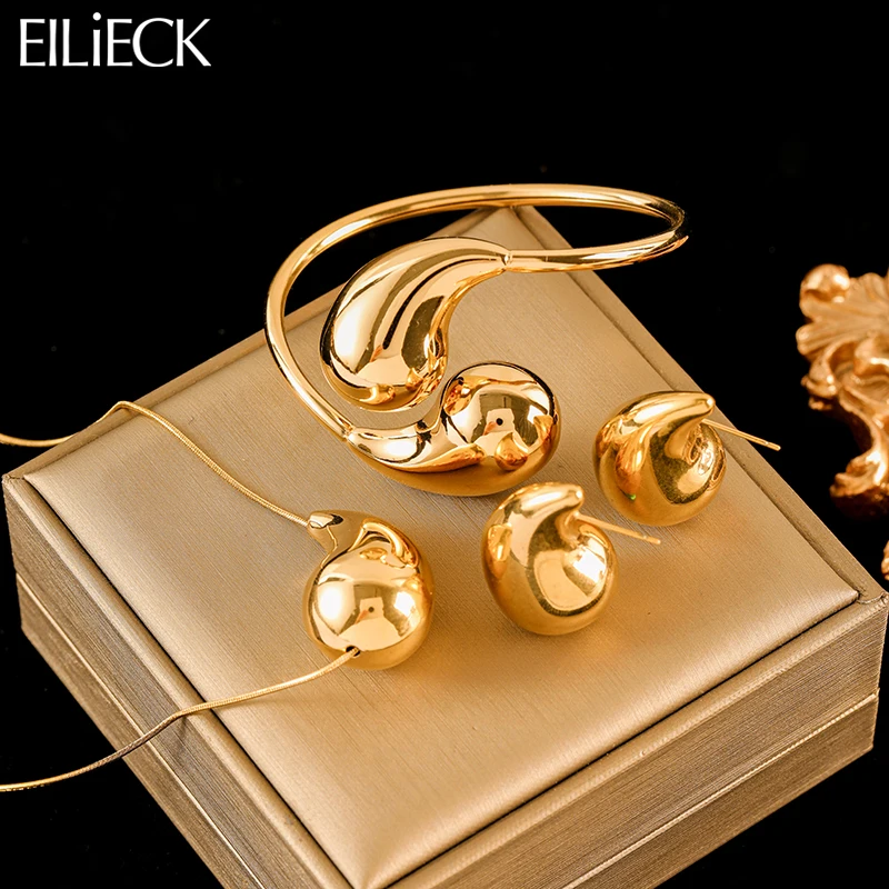 EILIECK 316L Stainless Steel Glossy Waterdrops Necklace Bracelet Earrings Set For Women New Waterproof Jewelry Set Party Gift