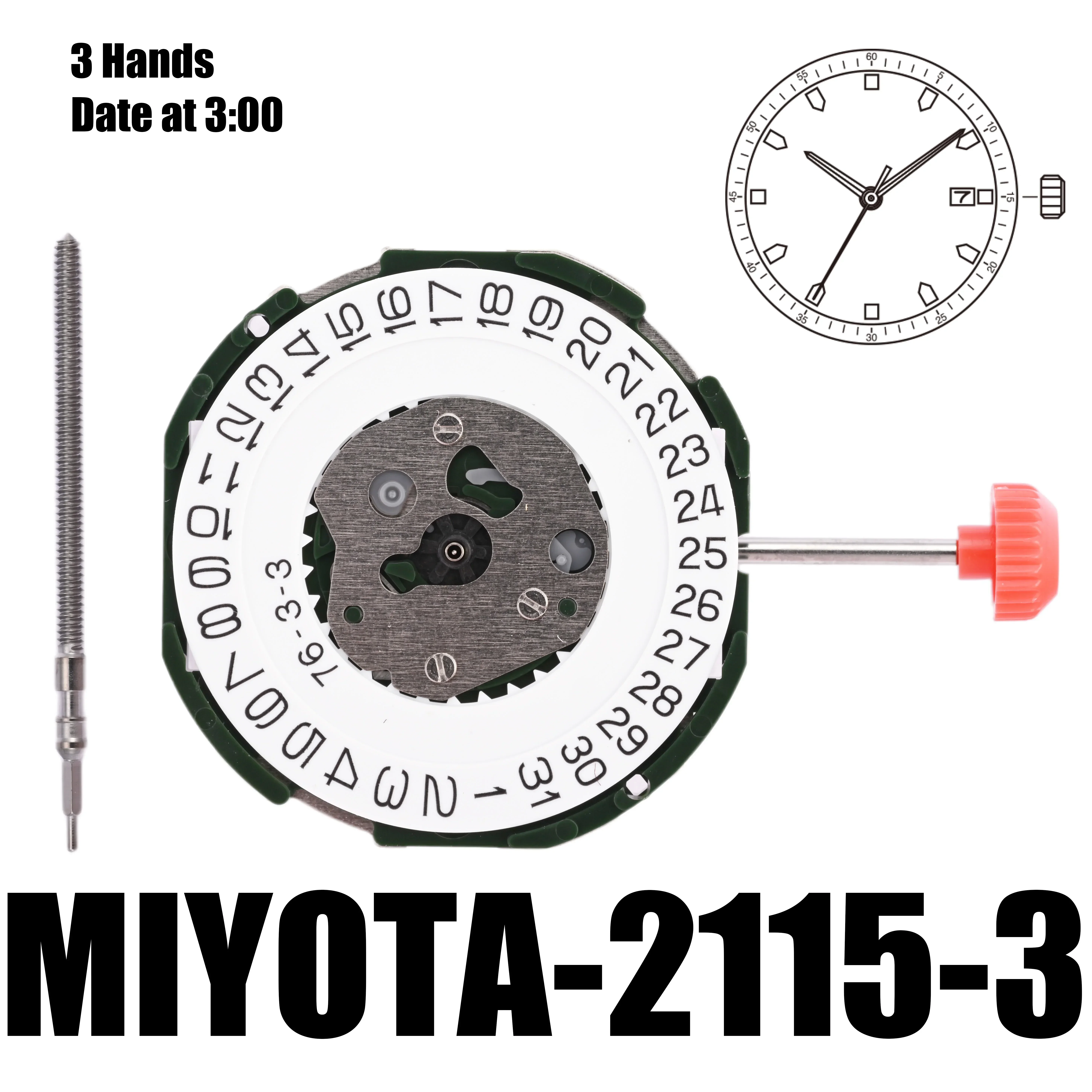 

Механизм Miyota 2115-3, отображение даты на 3 часах, 3 стрелки, Размер 10, 2115 дюйма, высота 1/2 мм, срок службы батареи 3 года