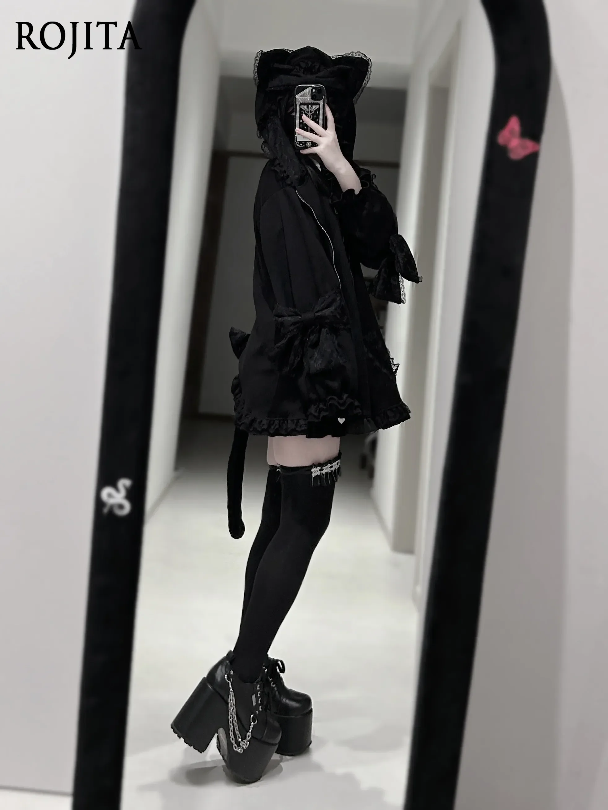 Sweet Lolita Cat Ear Hooded Zip‑Up Coat Women Lace Ruffle Trim Loose Long Sleeve Jacket Kawaii Outerwear