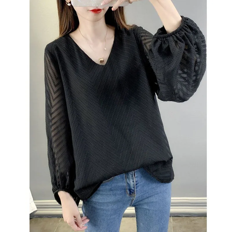 2022 Spring New for Women Elegant V-Neck Mesh Flare Long Sleeve Chiffon Blouse Oversize Loose Striped All-match Casual Solid Top