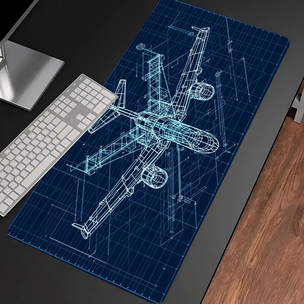 Aircraft Blueprint Print Gaming Mouse Pad Large Desk Mat Anti-Slip Rubber Base Stitched Edge Keyboard Mat For Workstation
