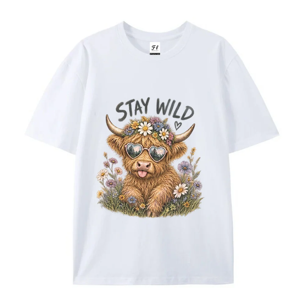 Women T Shirt Cute Highland Cow Graphic Stay Wild Floral Heart Sunglasses Grey Short Sleeve Loose Cotton Tops
