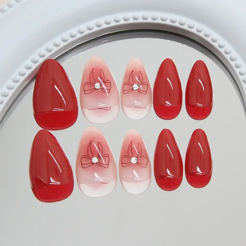 24Pcs Red Powder Blusher Press-On Nails Almond Shape Sweety False Nails with Bow Design for Women&Girls Valentine's Day Nails