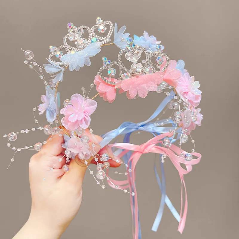 

Сказочный венок, обручи для волос с короной для девочек, розовая лента с цветком, противоскользящие ленты для волос, головной убор принцессы для ребенка, детский реквизит для фотосессии