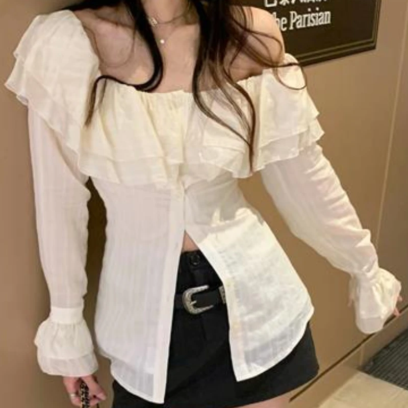 Ruffles Shirts Women Flare Sleeve Simple Fashion Slash Neck Ulzzang Solid Spring All-match Slim Casual Streetwear Cozy Female