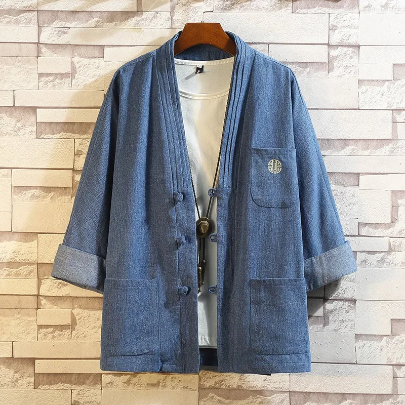 Denim Kimono Jacket Men Fashion Casual Jeans Jackets Coats Male Chinese Style Button Design