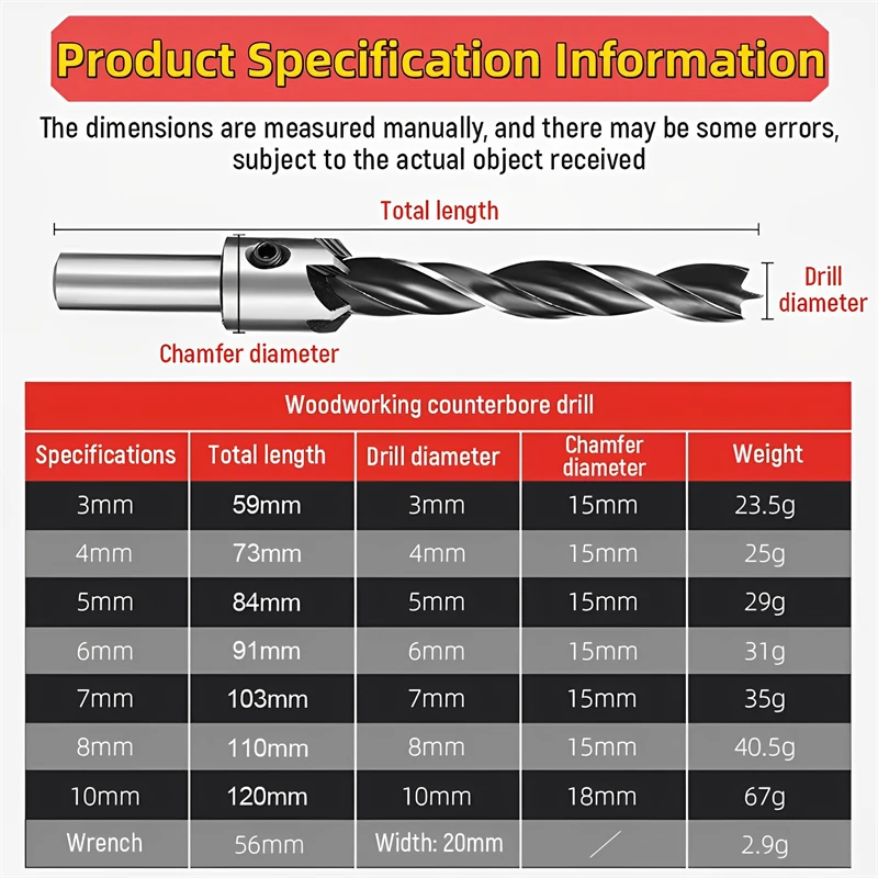 3-10mm HSS Countersink Drill Bit Set Reamer Woodworking Chamfer Boring Drill L-wrench Counterbore Hole Cutter Screw Hole Drill