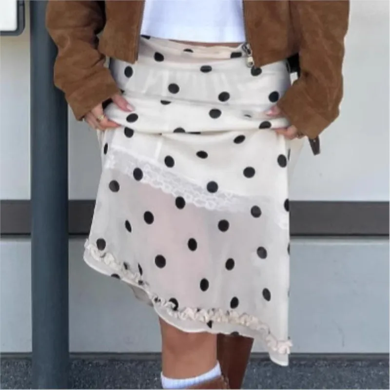 Vintage Polka Dot High Waist Skirt For Women Satin Lace Splice Perspective Skirt Office Lady Elegant A-line Skirts 2025 Summer