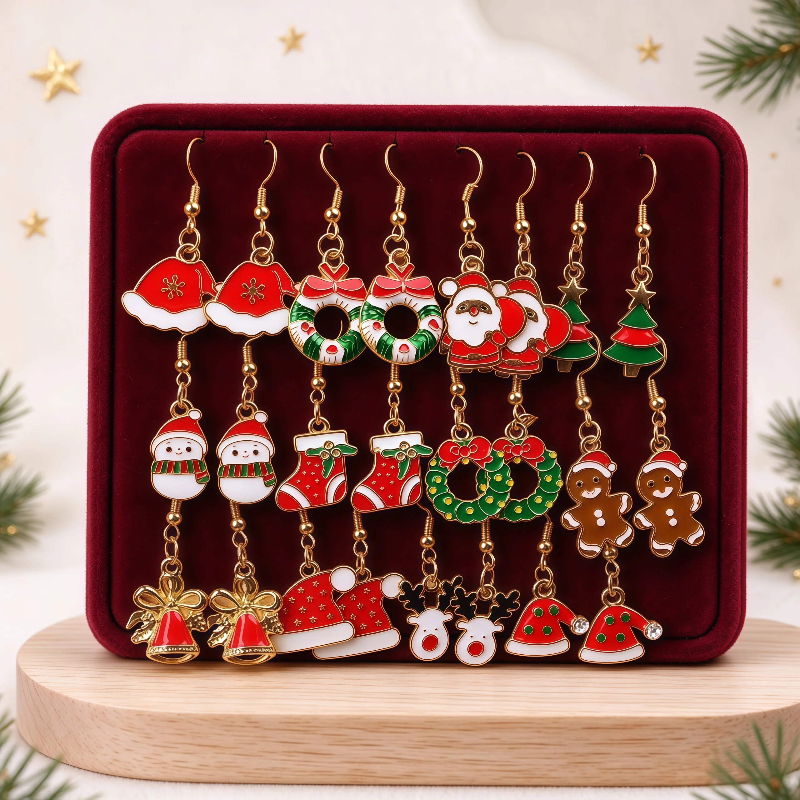 6/12Pairs/Lot New Cute Christmas Gingerbread Snowflake Earrings Set for Women Santa Claus Christmas Tree New Year Jewelry Gifts