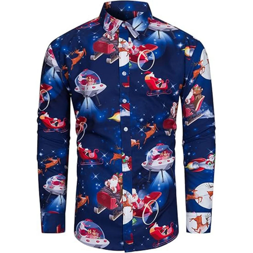 عيد الميلاد الرجال 3D شجرة عيد الميلاد قميص مطبوع سانتا نمط زر قميص طويل أزياء طويلة الأكمام قميص قمم نمط الفردية