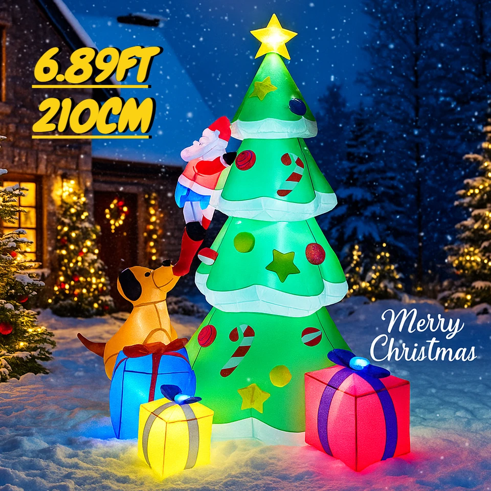 6.89FT LED مضاءة لعبة قابلة للنفخ شجرة عيد الميلاد ديكور مجموعة سانتا كلوز الكلب الهدايا صندوق عيد الميلاد ساحة لوازم زخرفة المنزل هدية احتفالية