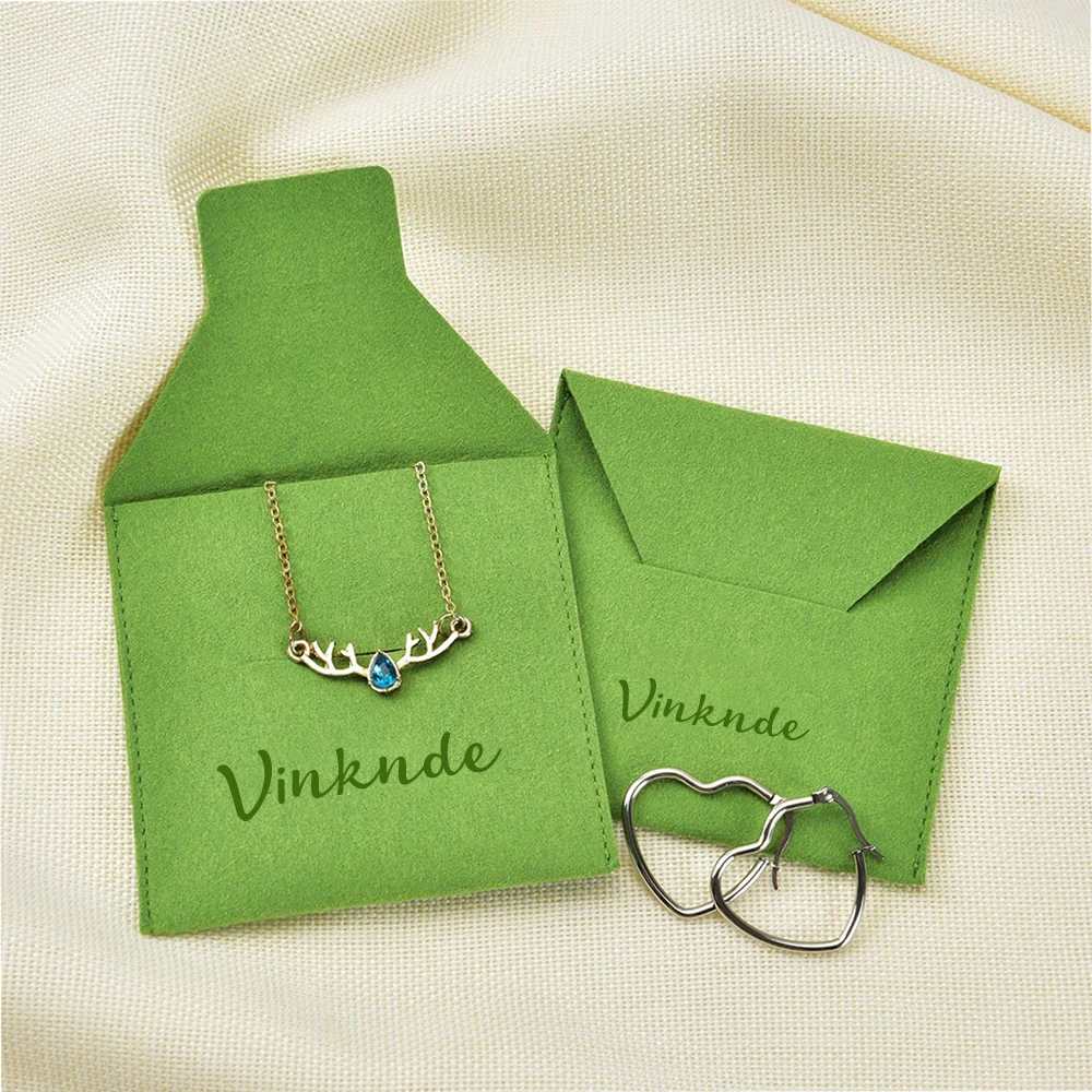 

50pcs Luxury Custom Debossed Logo Microfiber Jewelry Pouch Olive Green Velvet Envelope Packaging Small Gift Bag for Earrings