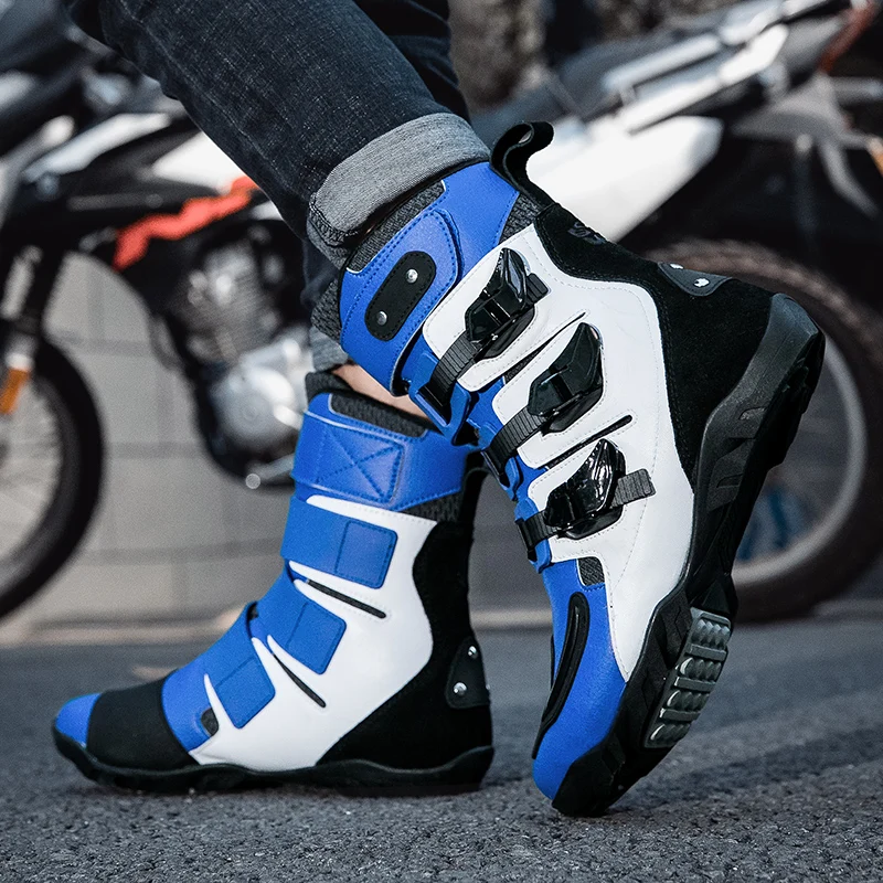 Anti-slip Blue Motorcycle Boots Wear Resistant Motocross Shoes Antiskid Motorcycle Shoes Friction Force Off-road Boots 37-48