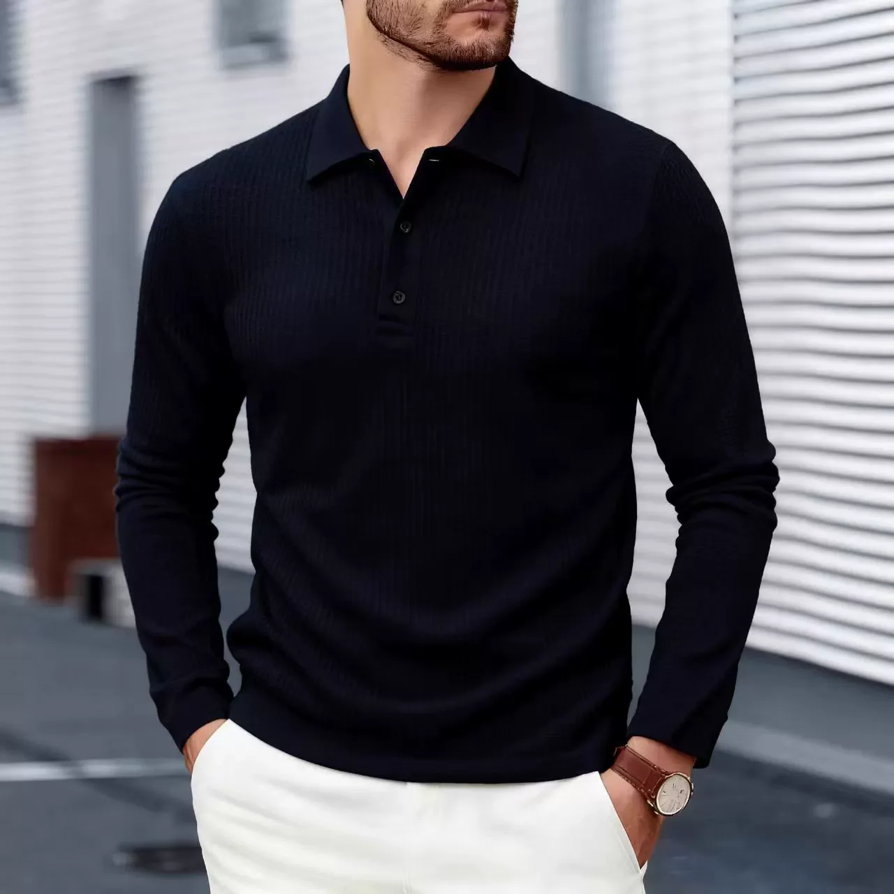 Frühling Herbst Poloshirt Herren Langarm Business Casual Einfarbig Herren Umlegekragen Poloshirt Atmungsaktive T-Shirts Oberteile