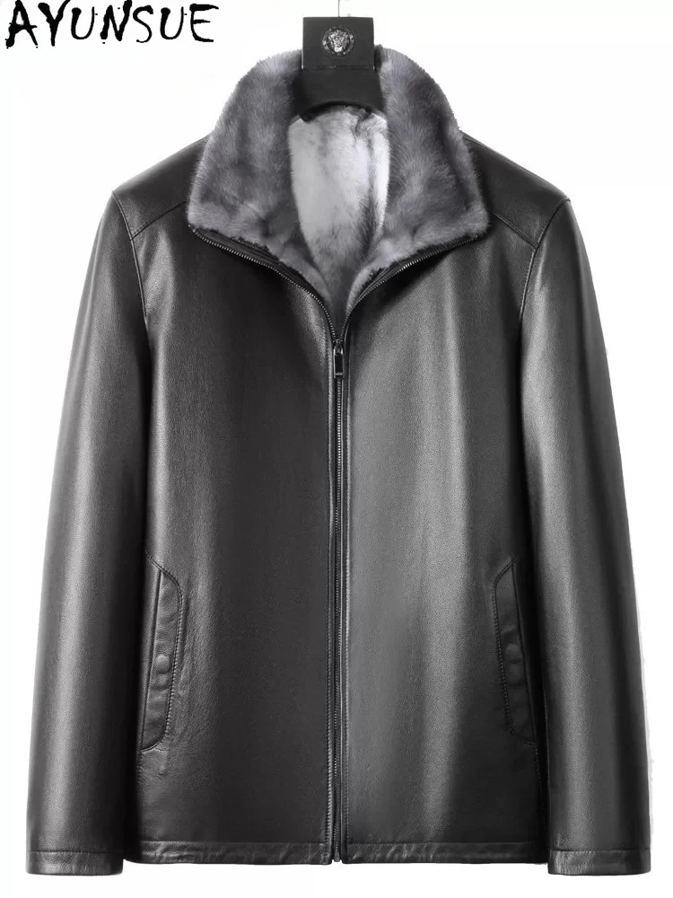 AYUNSUE High-end Real Fur Coat Man Luxury Winter 100% Genuine Cowhide Leather Jacket Men Warm Real Mink Fur Liner Parkas casacos