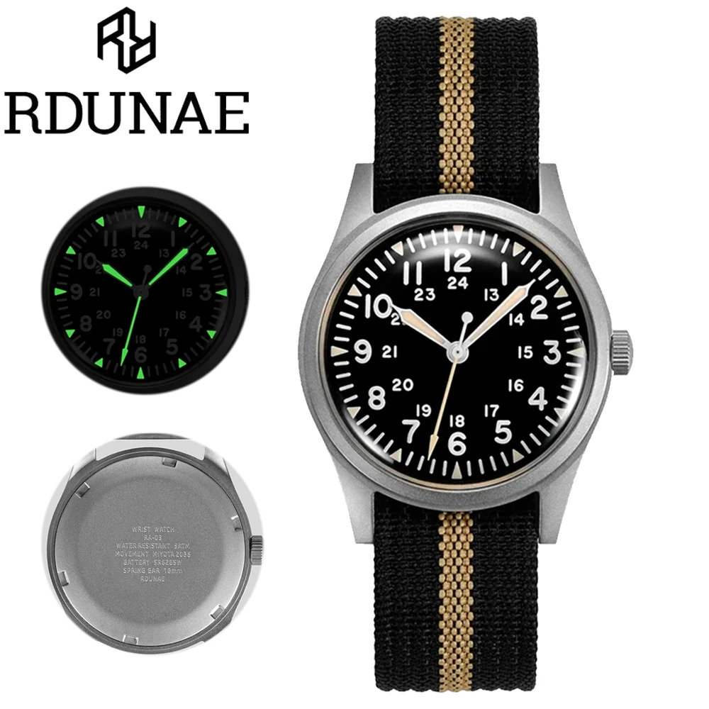 RDUNAE RA03 relojes Retro para hombre, reloj de cuarzo para hombre G10, reloj de pulsera Retro de acero inoxidable con cristal Mineral de homenaje del ejército militar de 50M