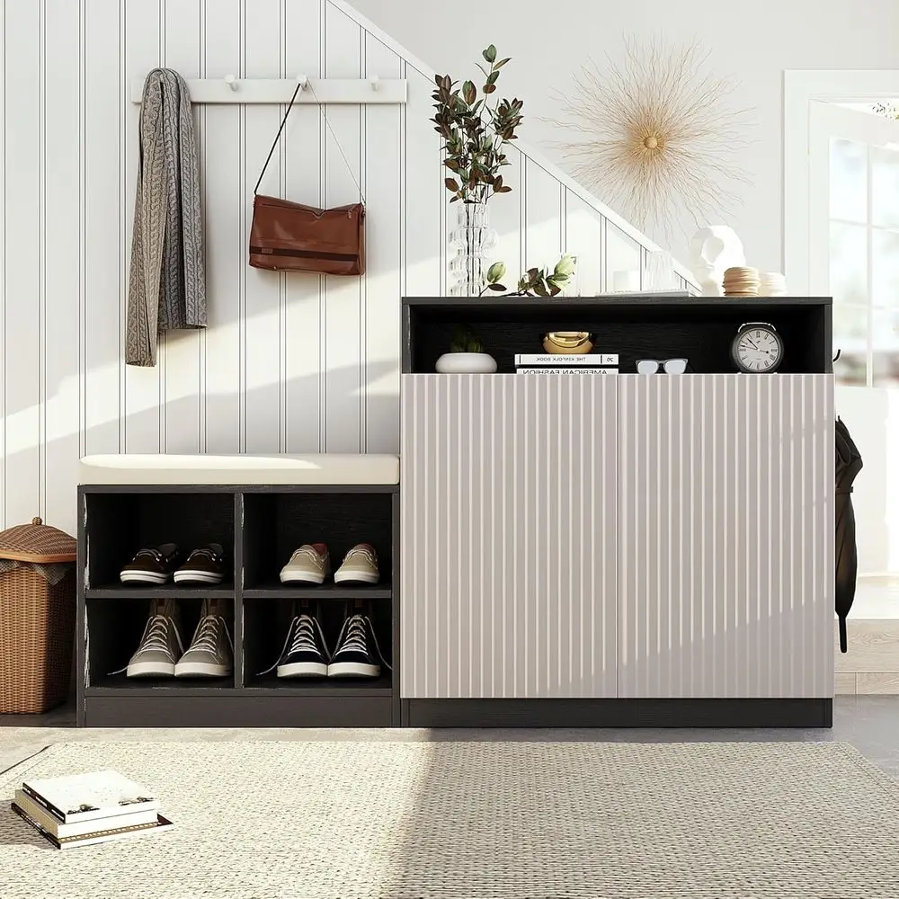 

Скамья для хранения обуви с подушкой, 3 регулируемых полки, 4 открытые полки и крючки, бежево-черная