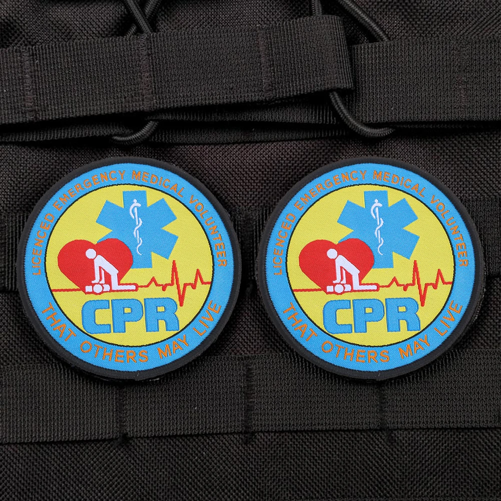 2PCS Round Patches CPR Emergency Treatment Motifs Embroidered Hook and Loop Backpack Badge Applique DIY Apparel Sewing Supplies