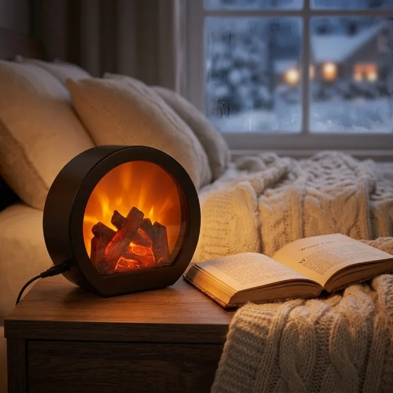 LED Fireplace Lantern Lamp Simulated Flame Light Vintage Decorative Lantern Ambient Light for Home Bedroom Living Room Decor