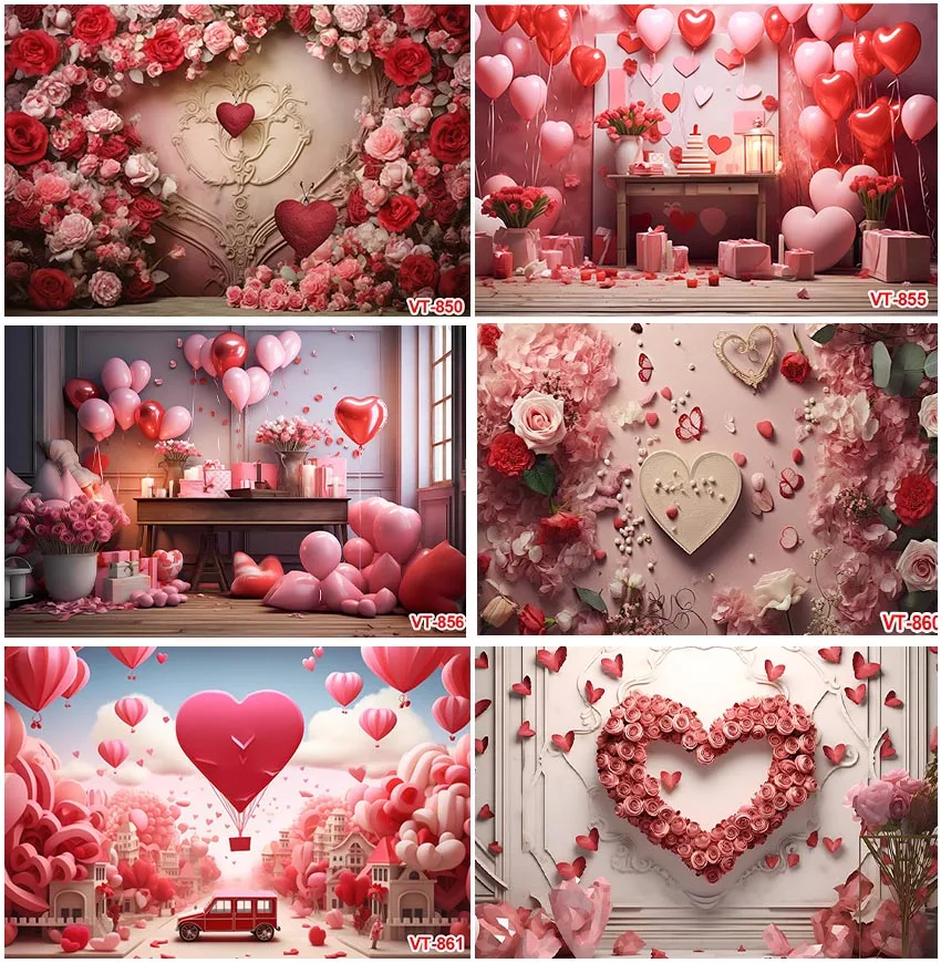 Photography Interior Red Pink Roses Balloons Romantic For Valentine's Day Decoration Love Heart Backdrops Photocall Backgrounds