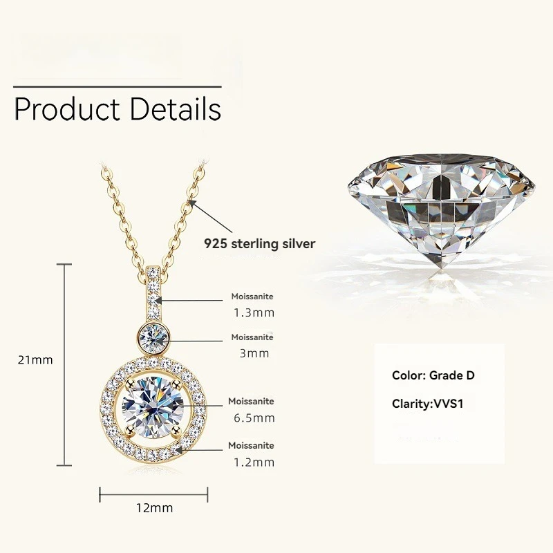 Apaison  6.5 mm 1 ct Moissanite Adjustable Women's Necklace Pendant 925 Sterling Silver Jewelry Gift