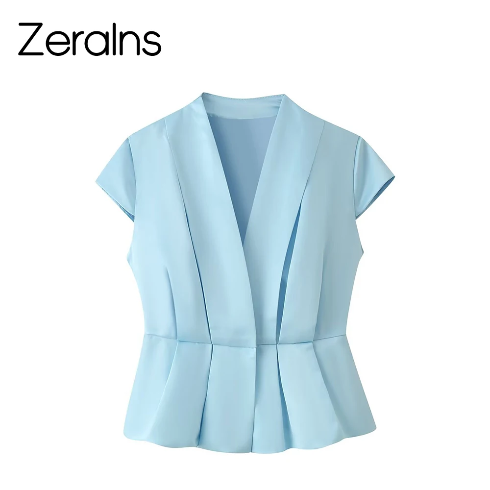 ZERAINS Summer New Women's Retro Style Simple and Fashionable Silk Texture Pinch Fold Top Split Bun Hip Skirt Set