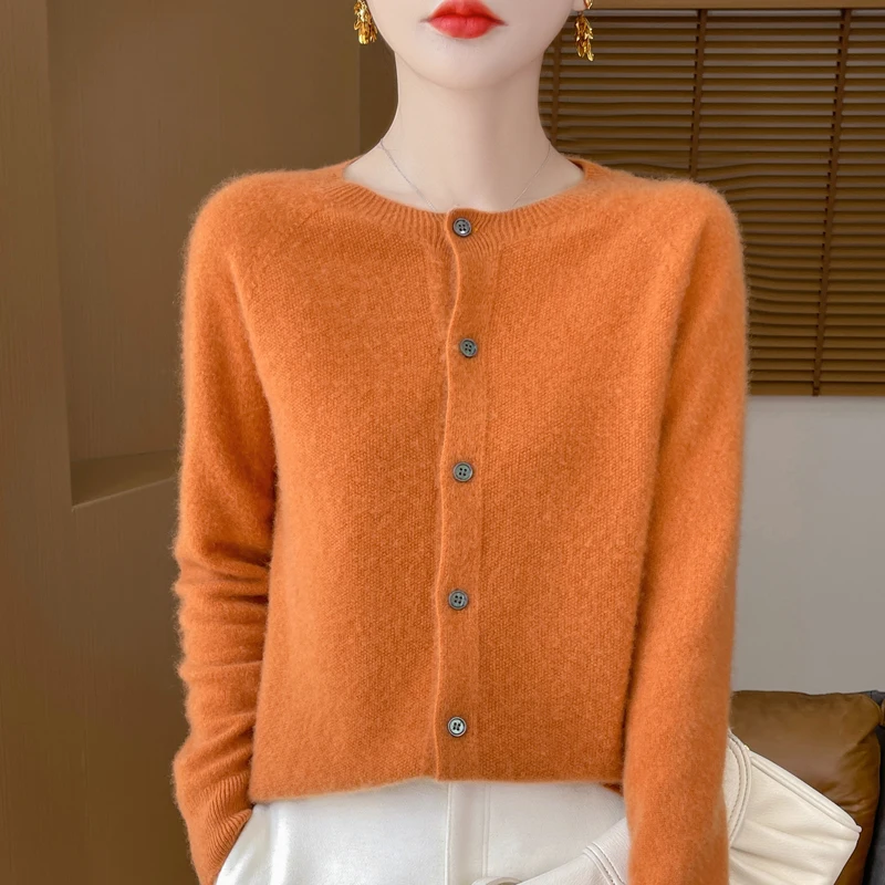 New ladies in autumn and winter 100% merino wool cardigan ladies O-neck long sleeve solid color knitted warm cashmere cardigan