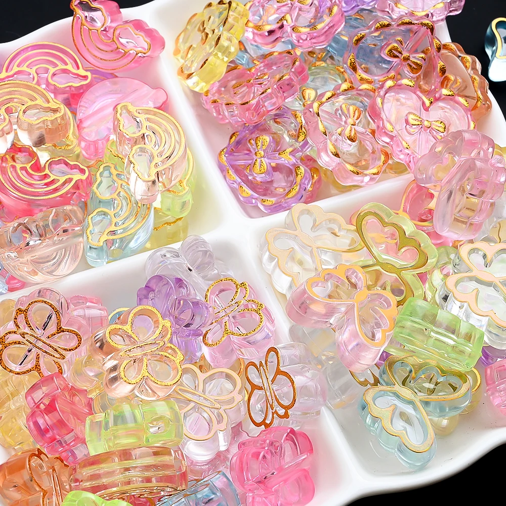 20 Stück goldfarben verzierte transparente Acrylperlen in Schmetterlings-, Herz- und Blumenform als Abstandshalterperlen für die Schmuckherstellung, DIY-Armbänder und Halsketten – Detail 9