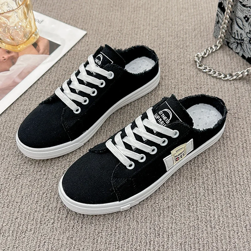 Small White Shoes Women 2024 New Small Canvas Flat Shoes Lazy People A Slip-on Half Support Shoes