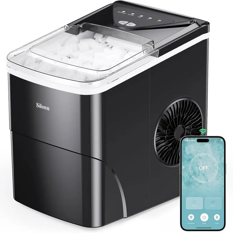 

Silonn Smart Countertop Ice Maker, Compact Wi-Fi Ice Maker with App Control, 9 Cubes in 6 Mins, 26 lbs per Day, 2 Ice Cube Sizes