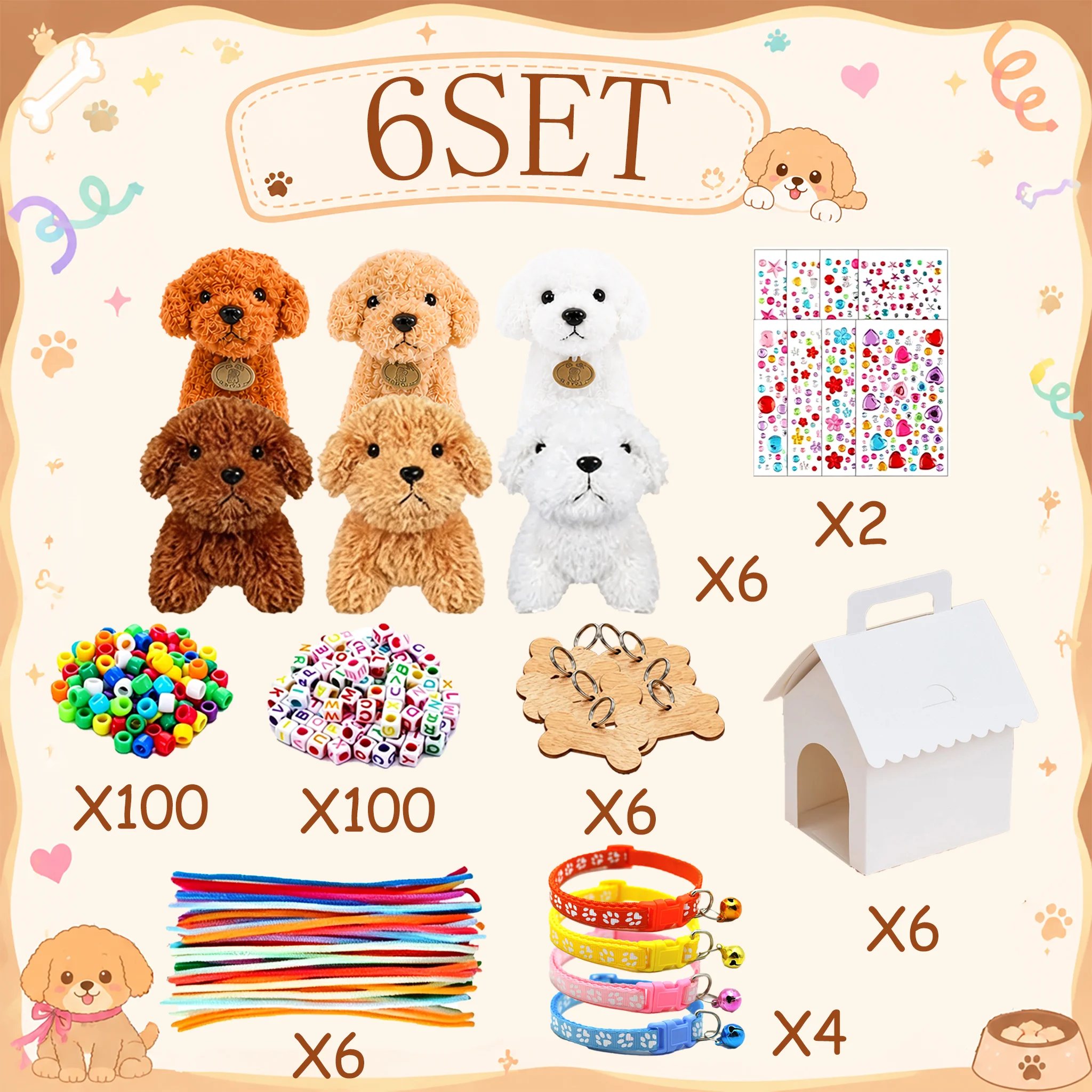 6-48er-Set DIY Adopt-a-Puppy-Party-Geschenke Teddyhund Großpackung Geburtstags-Adoptionsparty-Hunde Plüsch mit Hausperlen, Halskette, Glocke, Halsbändern