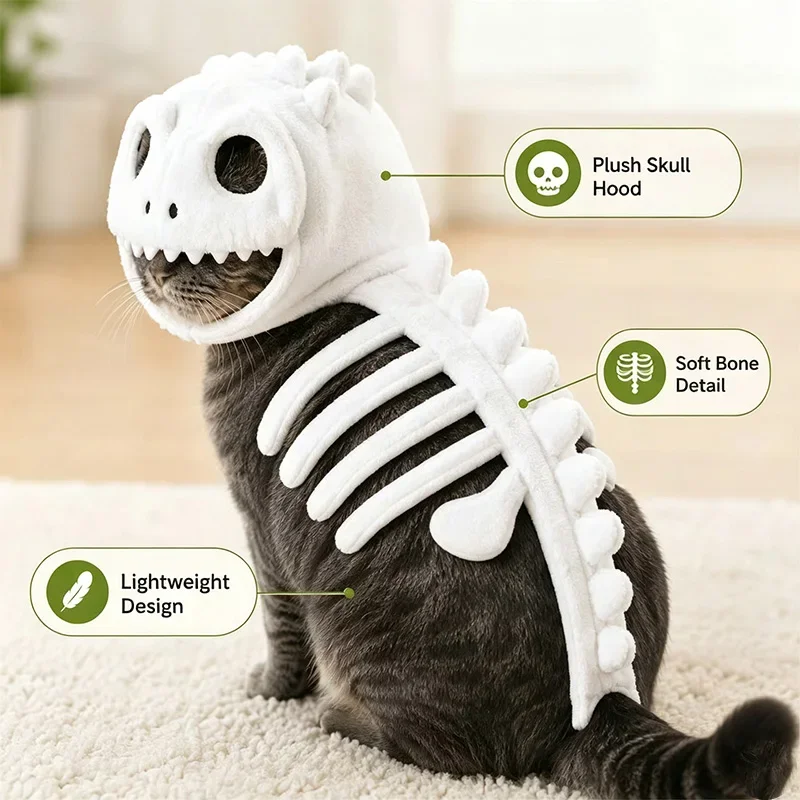 Halloween Dinosaurier-Skelett-Katzenkostüm, leuchtet im Dunkeln, Plüsch-Kapuzen-Cosplay-Outfit für kleine und mittelgroße Katzen, lustiges Party-Foto-Requisit – Detail 3