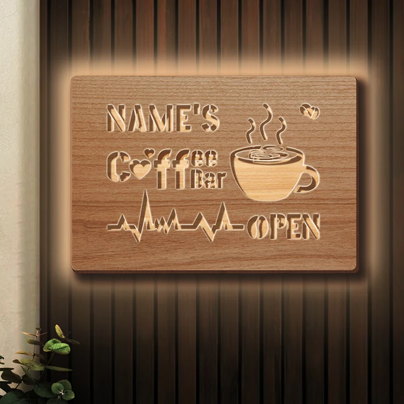 Personalized Coffee Bar Neon Sign, Custom Name Shop Sign Wall Decor, Wooden Open Sign with Coffee Cup & Heartbeat Pattern