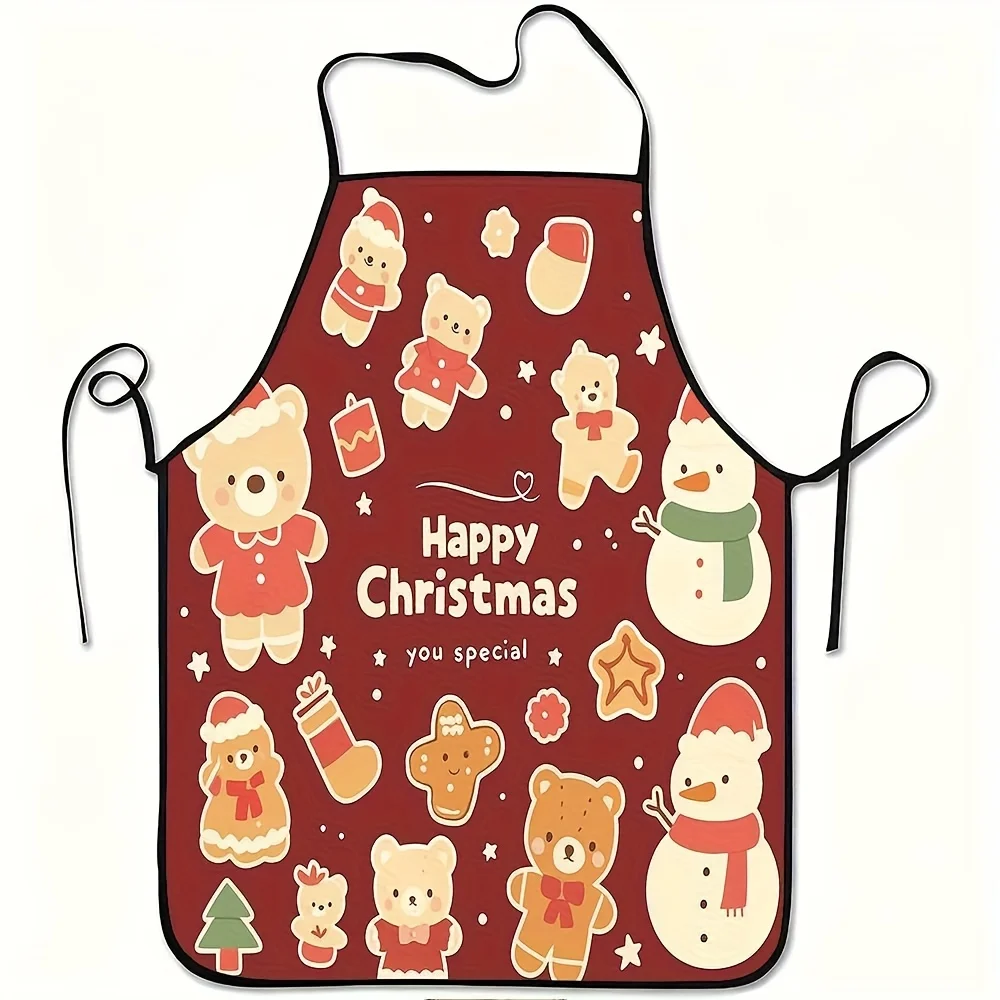 Cute Christmas Bear Apron, Festive Snowman and Gingerbread Graphic Cooking Bib, Holiday Kitchen Decor, Xmas Gift for Her