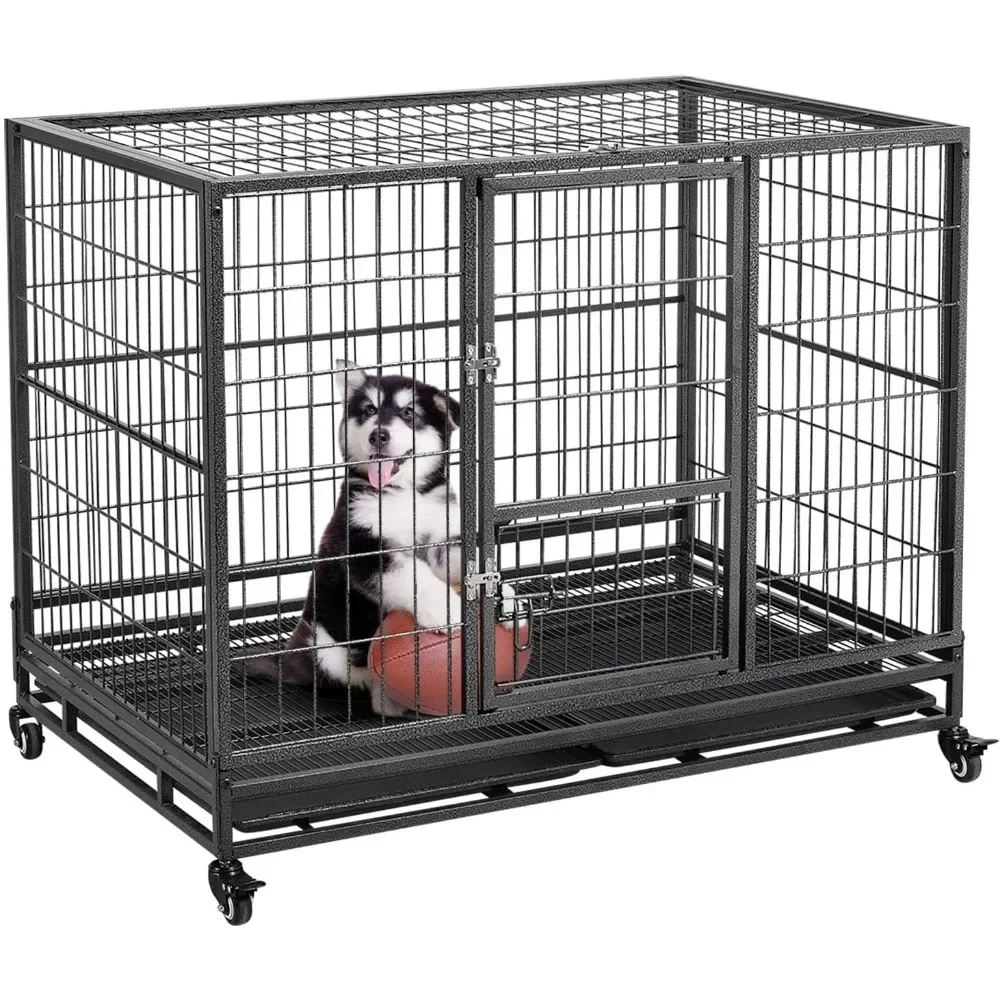 

43-inch Heavy Duty Metal Dog Cage Collapsible Open Top Kennel w/Double Doors & Prevent Escape Locks/Double Tray Indoor Outdoor