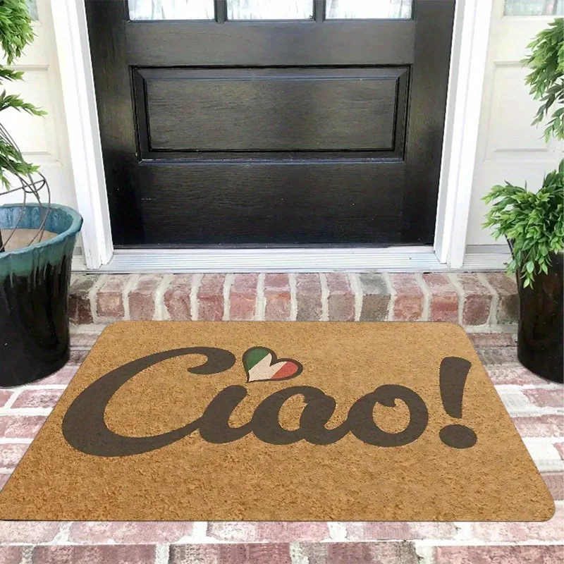Ciao! Welcome Doormat Brown Letter & Heart Design - Non-Slip Backing, Machine Washable Heavy Duty Polyester Rug for Entryway