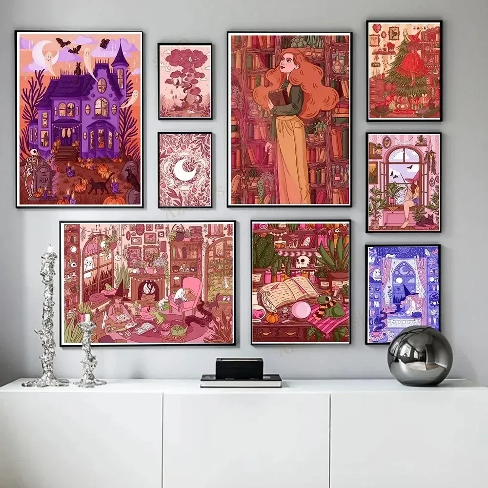 Kräuterkunde Hexe Kunstdrucke Spukhaus Krähe Mond Kaninchen Halloween Poster Gruselige magische Leinwand Malerei Küche Home Decor