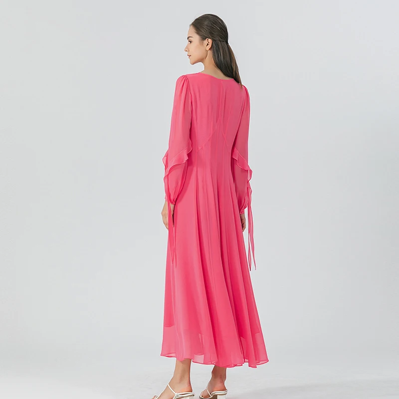 Peach Pink Double Layer Georgette Silk O-neck Lantern Long Sleeves Dress Ruffles Sweet Maxi Dresses for Women Autumn AE1718