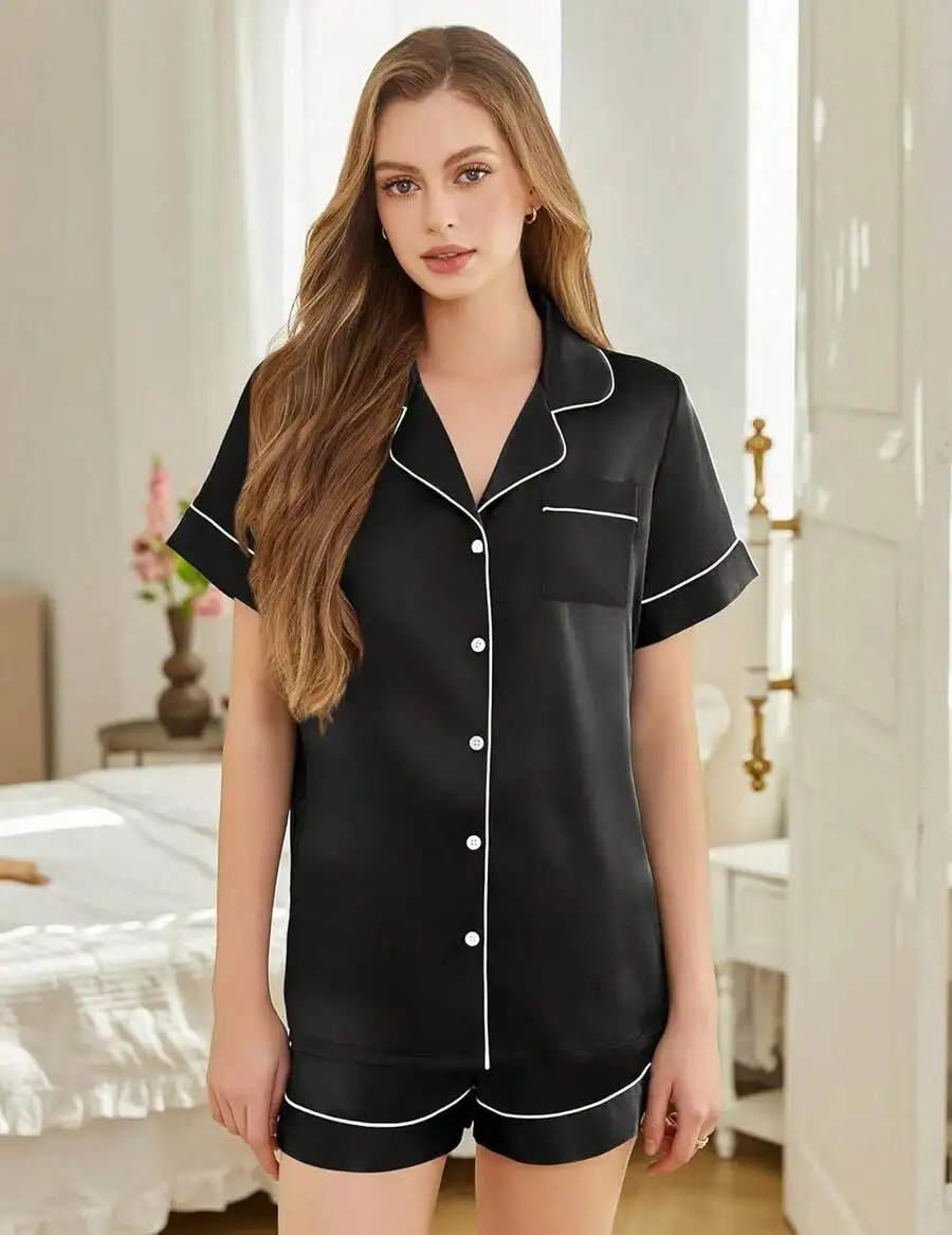 

Women Silk Satin Pajamas Set Short Sleeve Button Down Sleepwear Loungewear