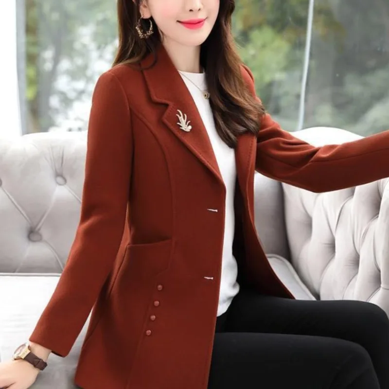 Women's Autumn Winter New Fashion Solid Color Suit Collar Button Pocket Korean Version Versatile Long Sleeved Slim Fit Overcoat