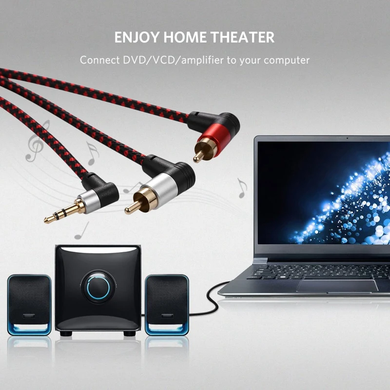 B76B 90 Degree 3.5mm to 2 RCA Male Audio Cable Right Angle Stereo AUX Y Splitter Cord 1M for Laptop 2 Pack
